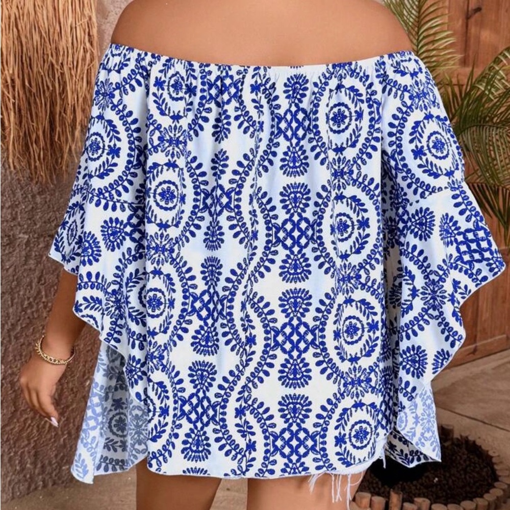 Blue and White Off-Shoulder boho top